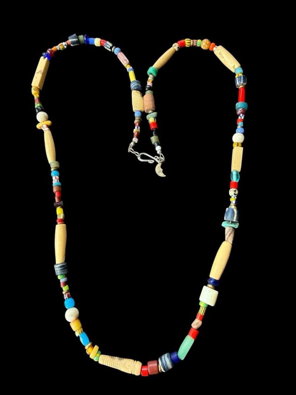 Artisan Mixed African Trade Glass Beads Bone Necklace Southwestern Boho Tribal